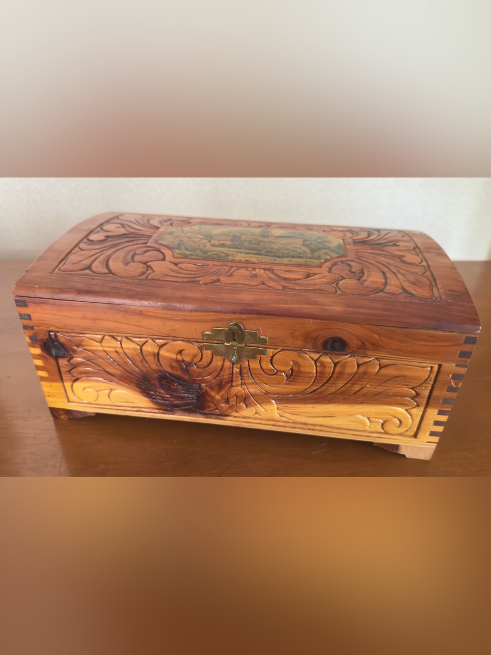 Hand-Carved Wooden Jewelry Box with Brass Lock - Warm Honey Brown